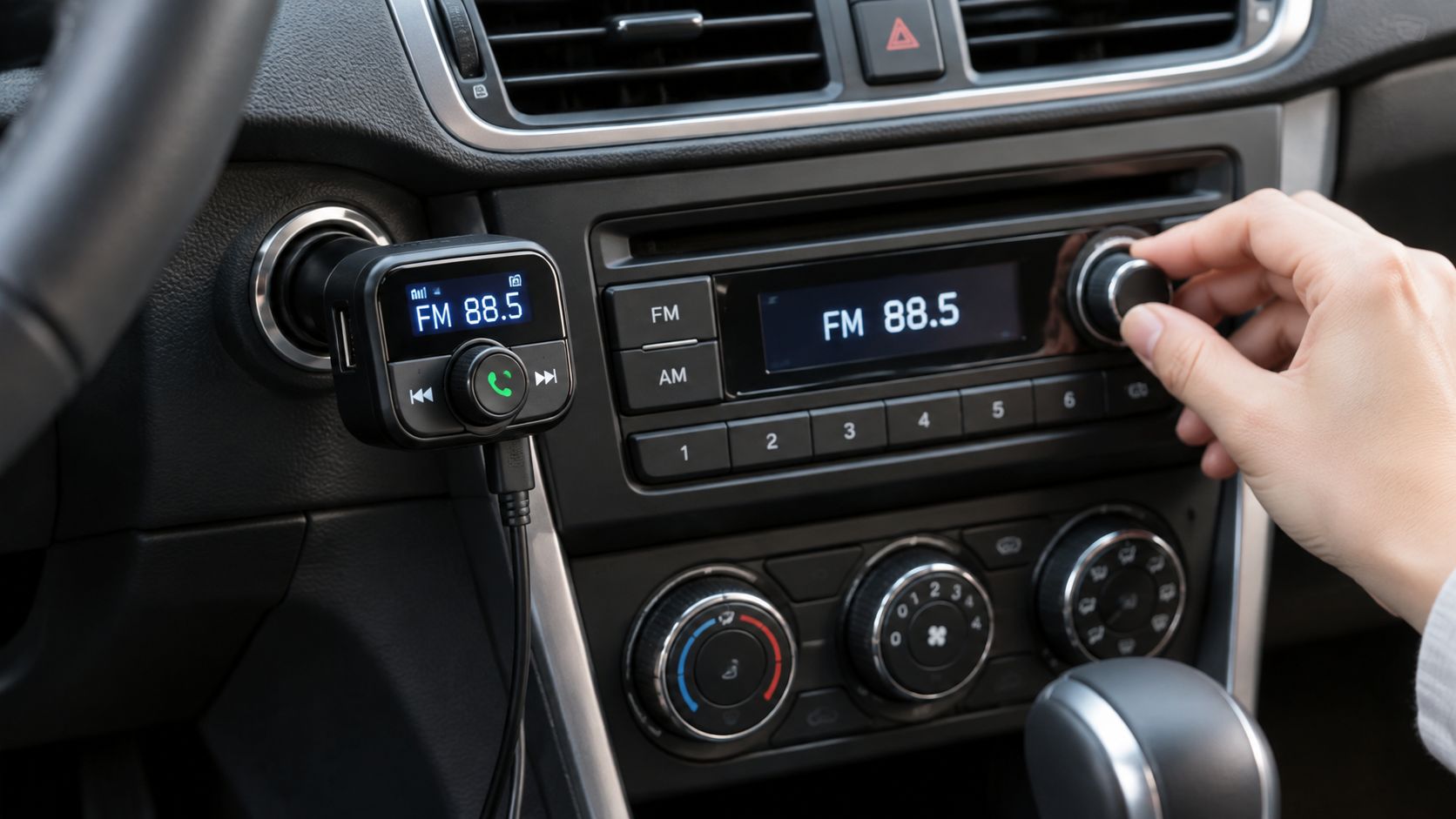 A hand tuning a car radio to match the frequency of a connected Bluetooth FM transmitter.