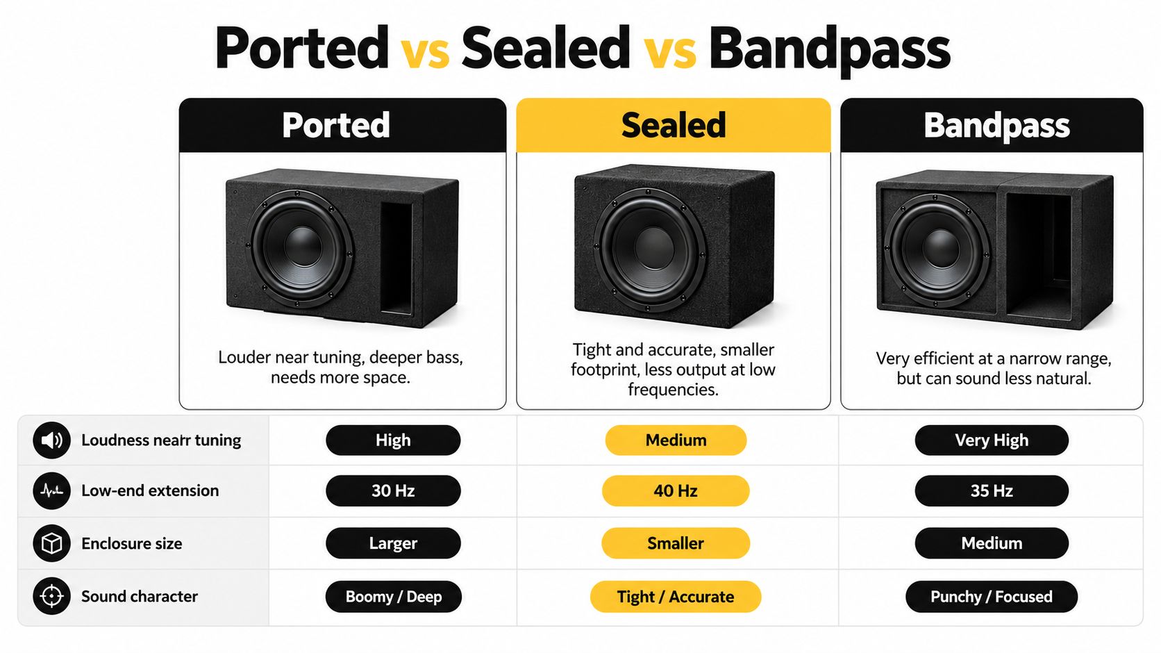 A comparison chart showing the differences between ported, sealed, and bandpass subwoofer enclosures for audio systems.