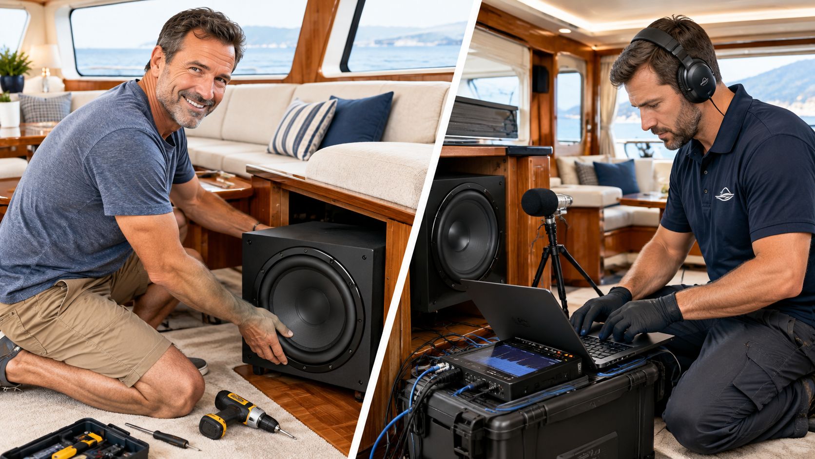 A technician installs and calibrates a high-end marine subwoofer system inside a luxury yacht cabin interior.