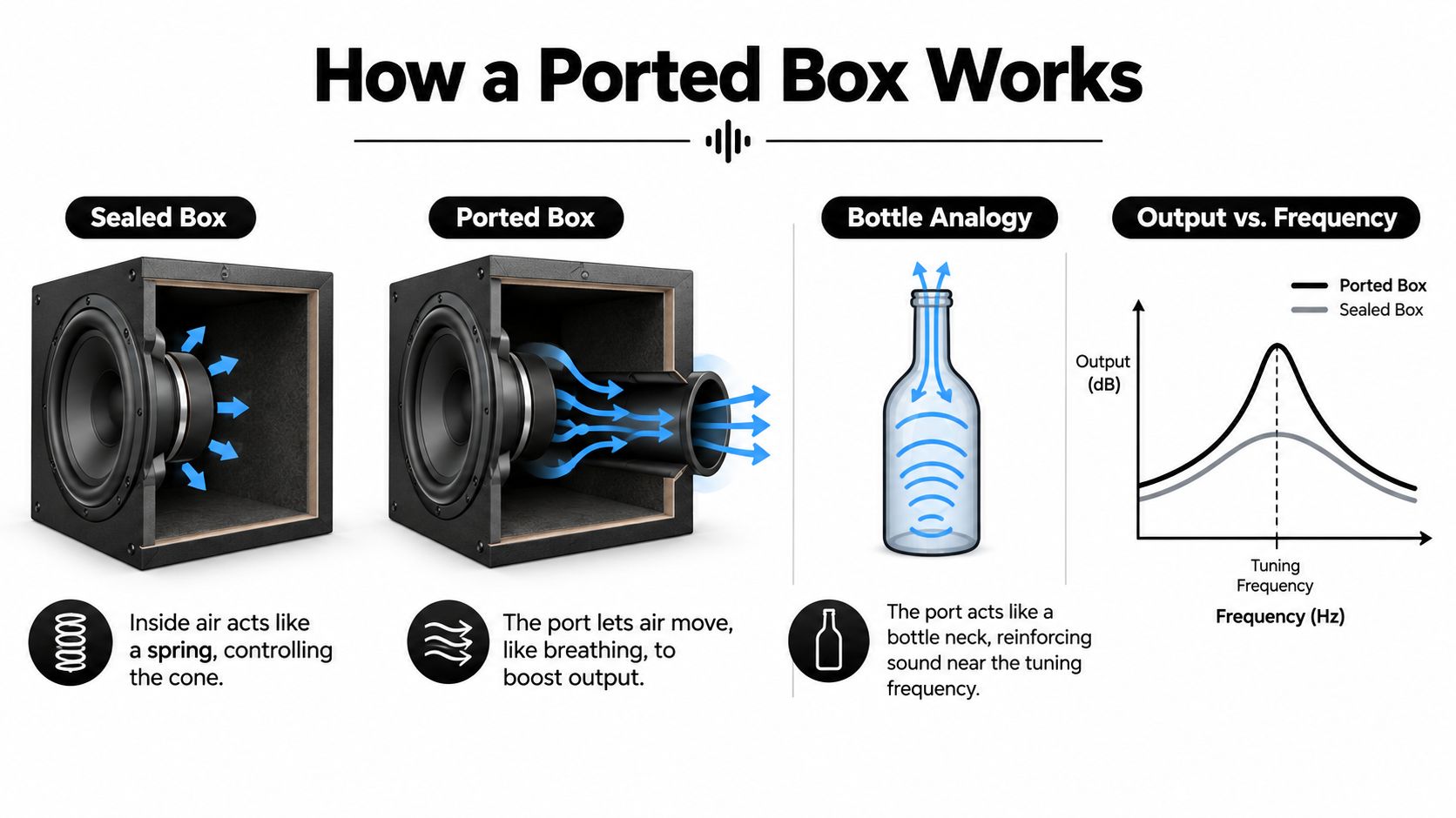 A diagram explaining how a ported subwoofer box uses air movement to enhance sound output versus sealed boxes.