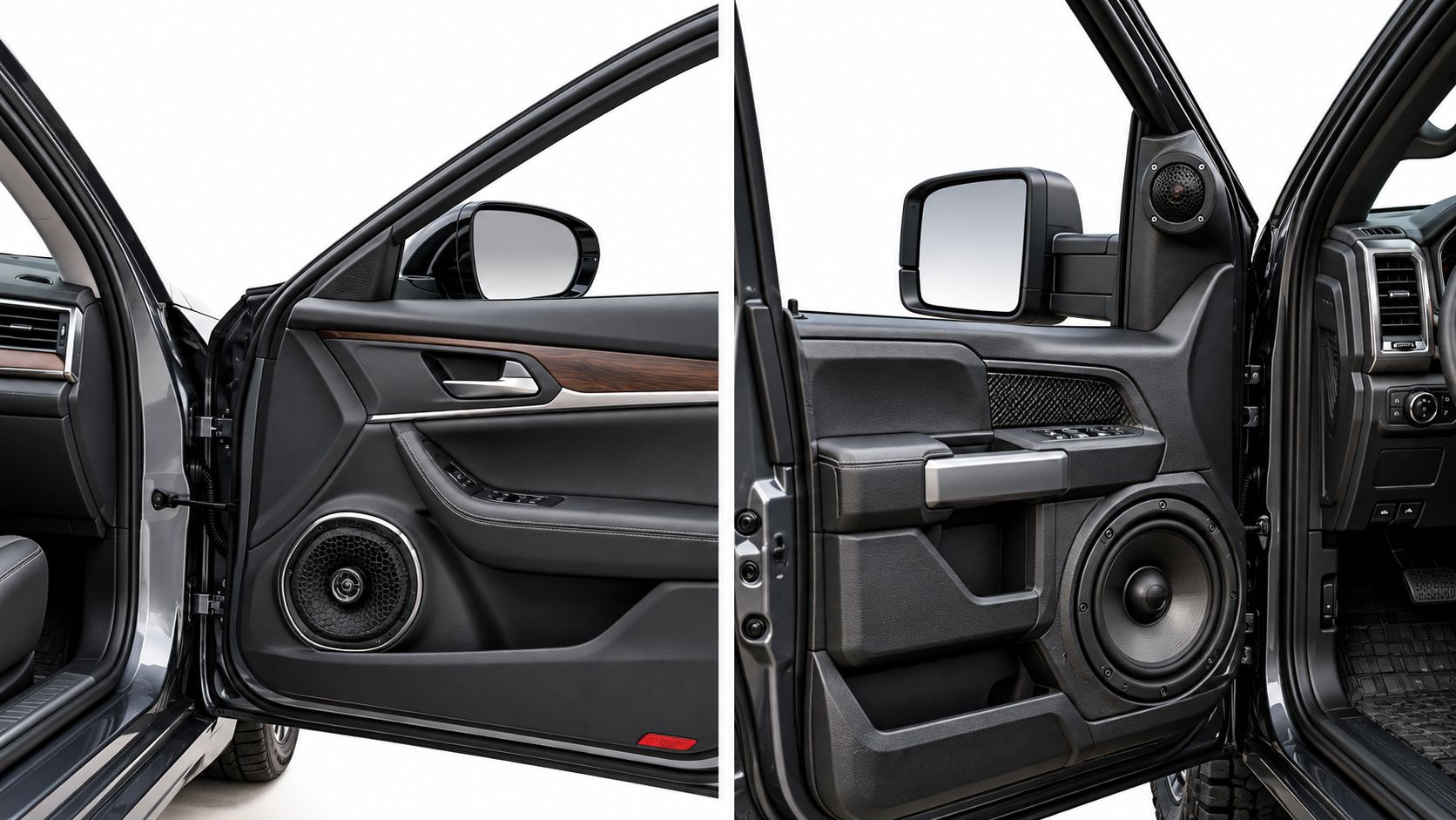 A side-by-side comparison showing a car door with component speakers on the left and coaxial speakers on the right.