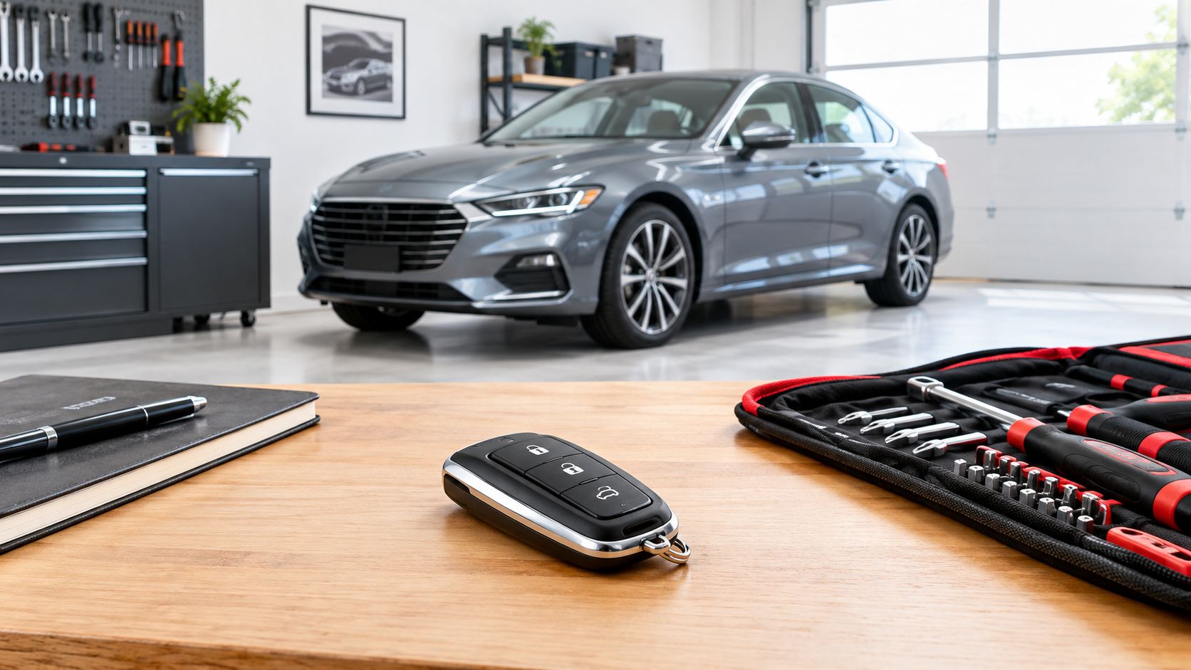A car key fob sits on a wooden workbench in a professional automotive service garage.