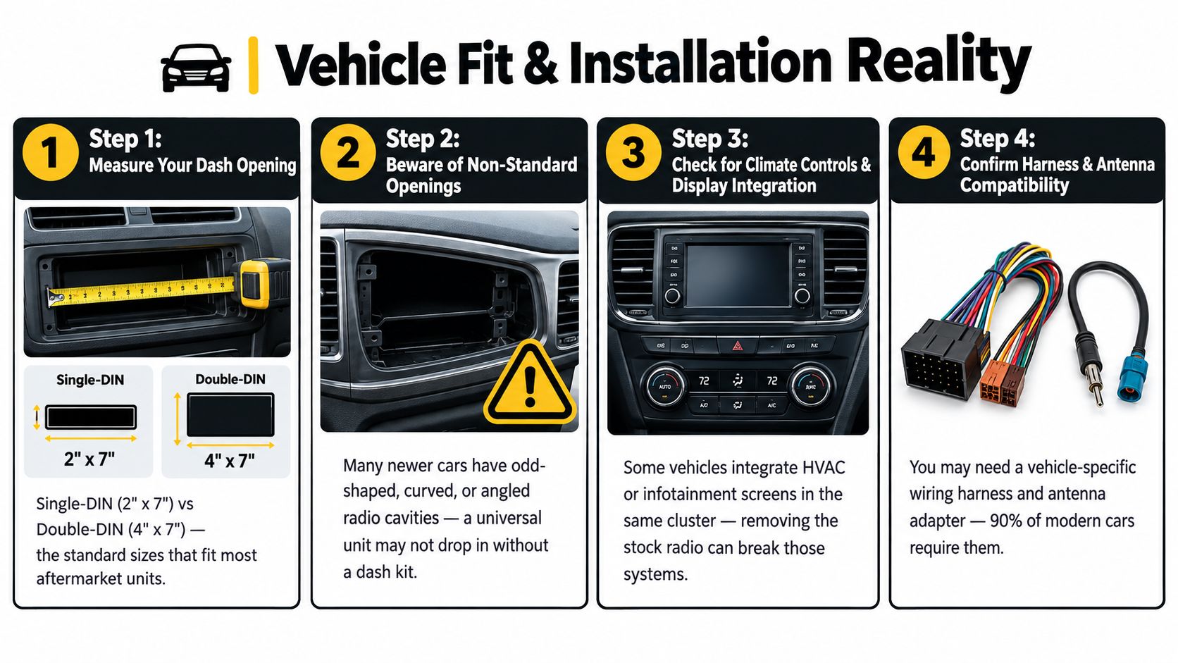 An infographic detailing four steps to consider before installing an aftermarket head unit in your vehicle.