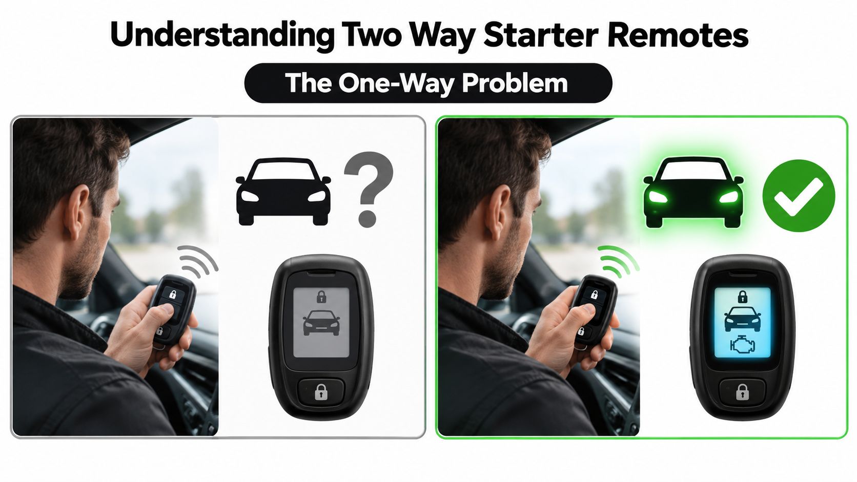 A split image comparing one-way car starter remotes with two-way remote feedback systems for vehicles.