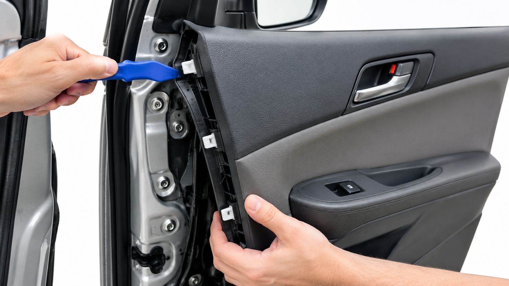 A technician uses a blue plastic pry tool to carefully remove the interior door trim of a vehicle.