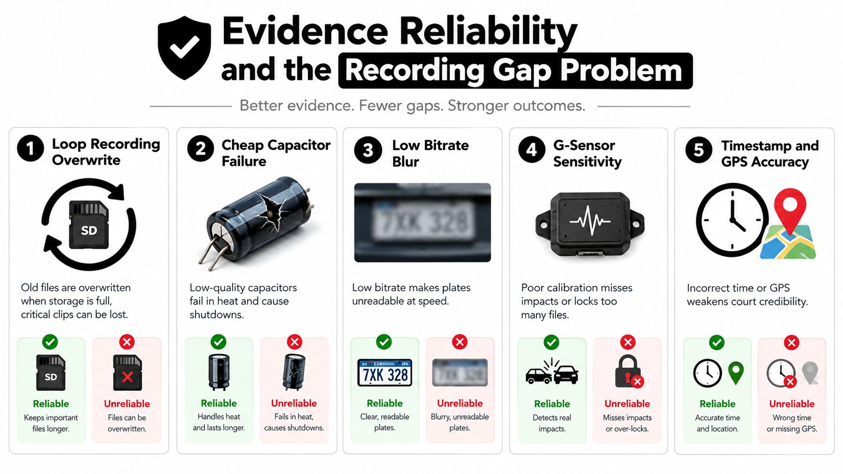An infographic detailing five common dash cam issues affecting evidence reliability and recording gaps for vehicle safety.