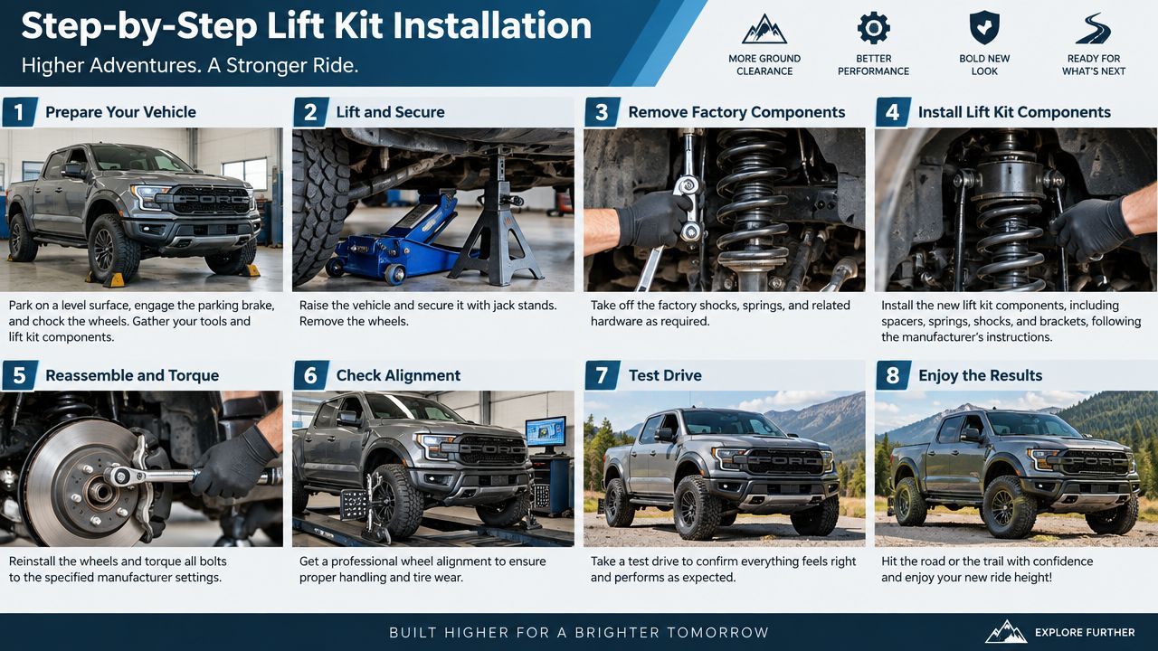 An infographic showing eight step-by-step instructions for performing a professional truck lift kit installation.