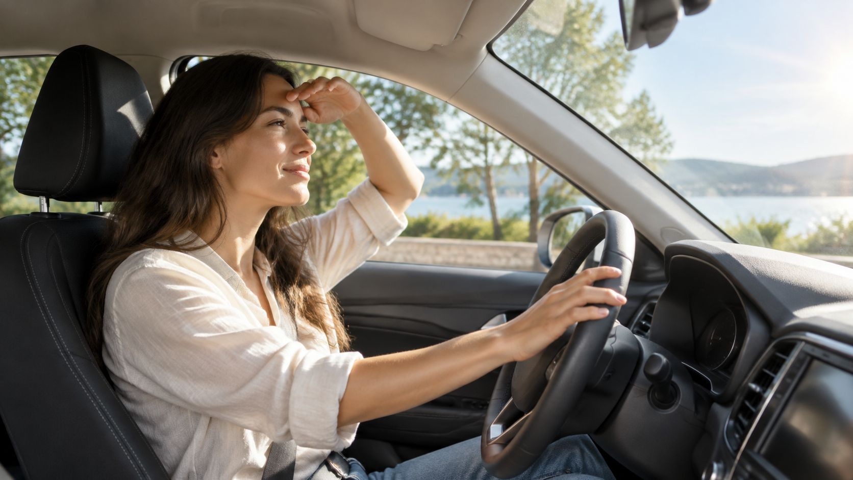 A happy woman driving her car while enjoying a scenic view through the bright window.