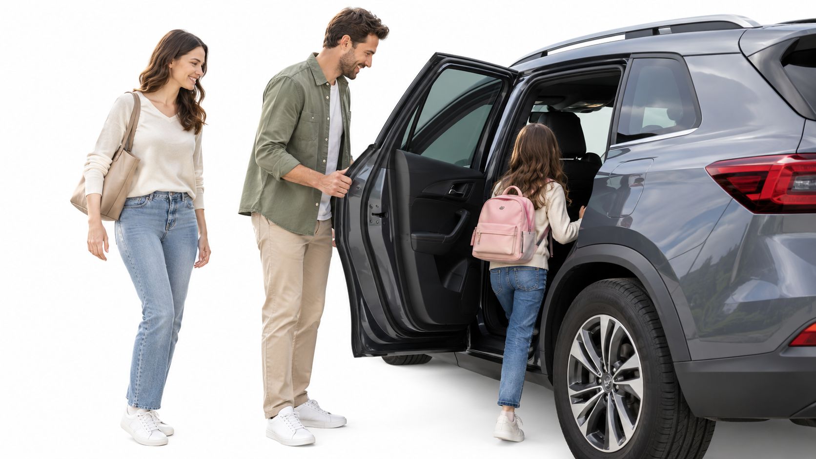 A family loading their child with a backpack into the back seat of a dark SUV car.