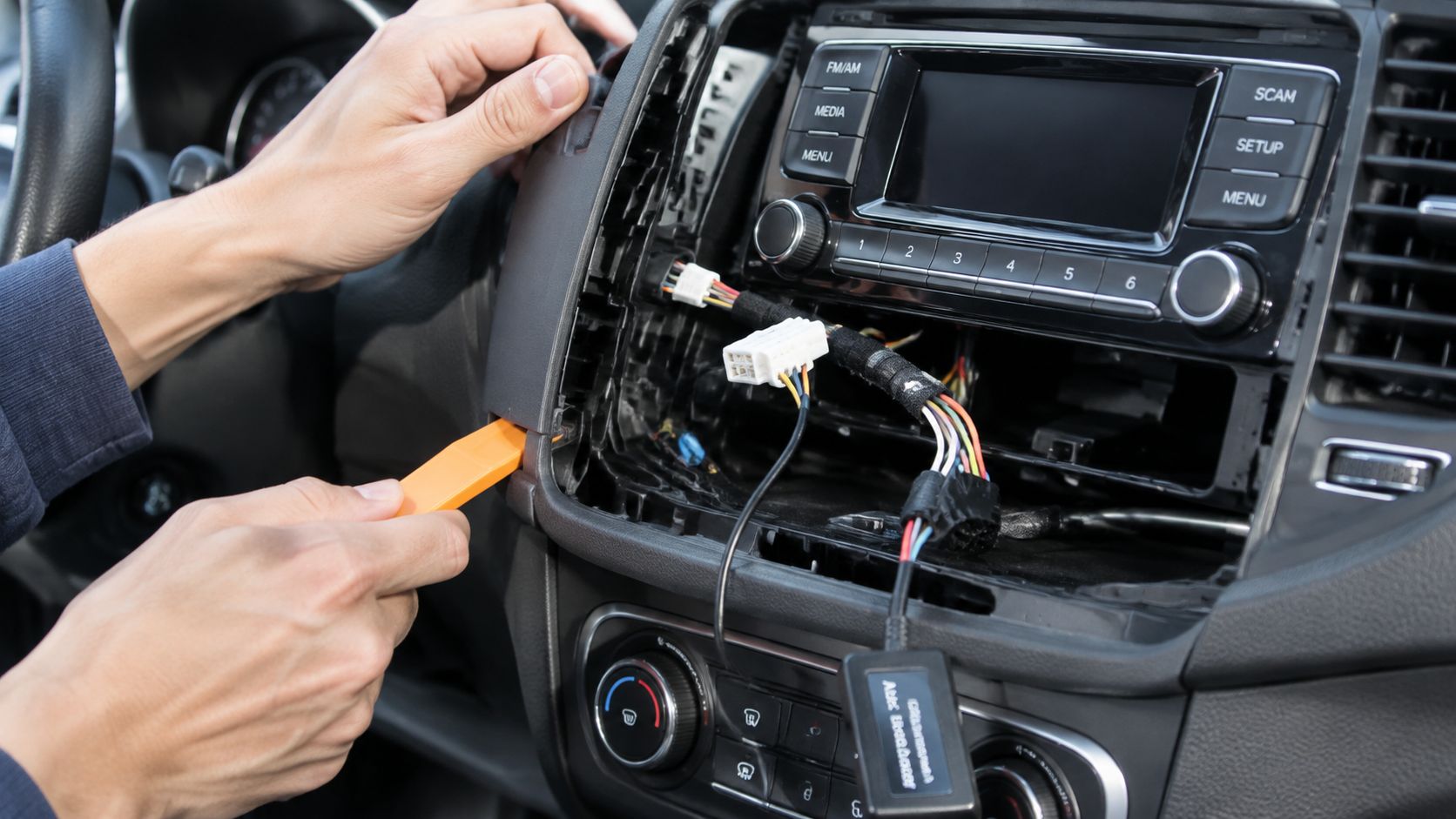 A technician using a plastic pry tool to remove the car dashboard panel for audio installation.