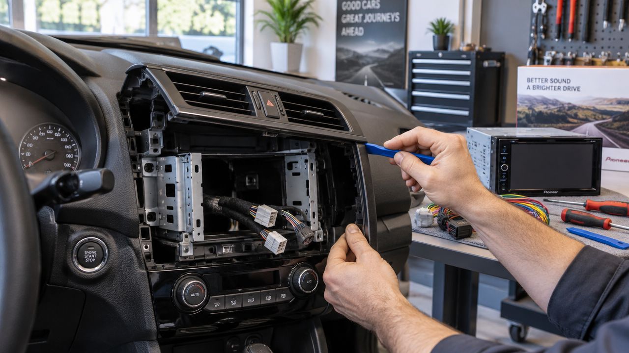 A technician using a plastic pry tool to remove the dashboard trim for a factory radio replacement.