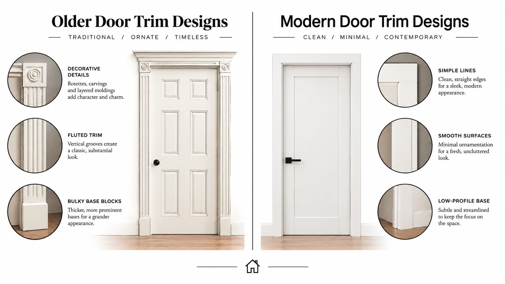 A comparison chart showing the design differences between traditional older door trims and modern minimalist door trims.