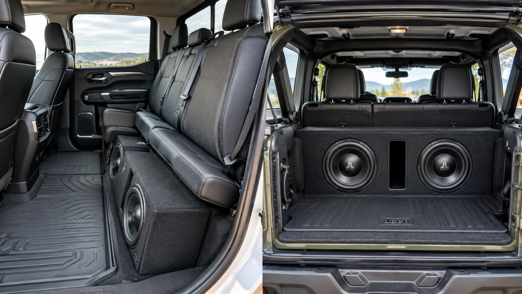 A dual JL Audio subwoofer box enclosure installed in the rear cabin and cargo area of vehicles.