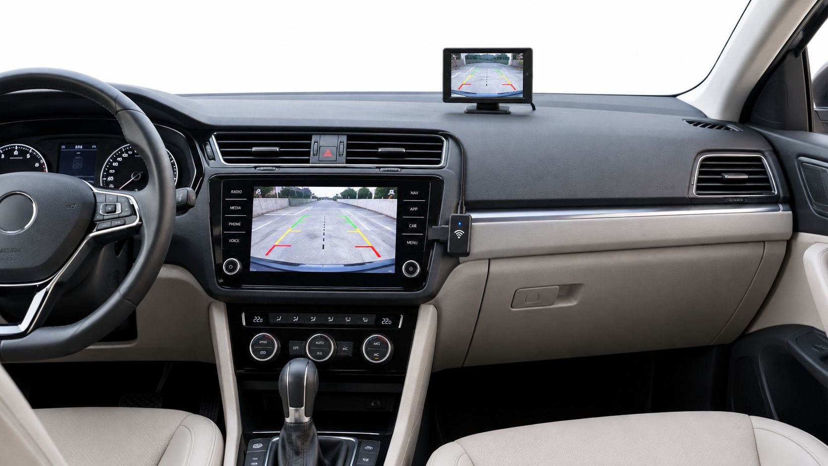 A car dashboard interior with an installed license plate mount backup camera shown on screens