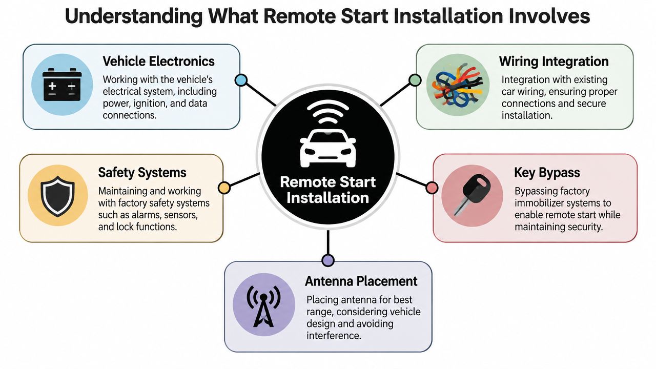 A diagram illustrating the five key components involved in professional remote car start installation services.