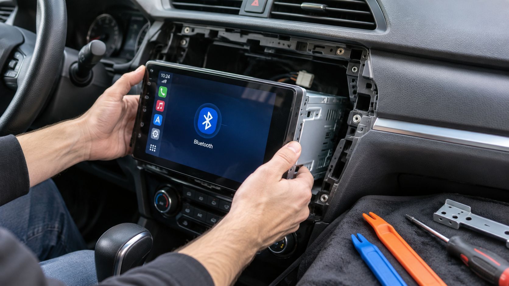 A technician installs a modern Bluetooth touchscreen head unit into a vehicle dashboard for audio connectivity.