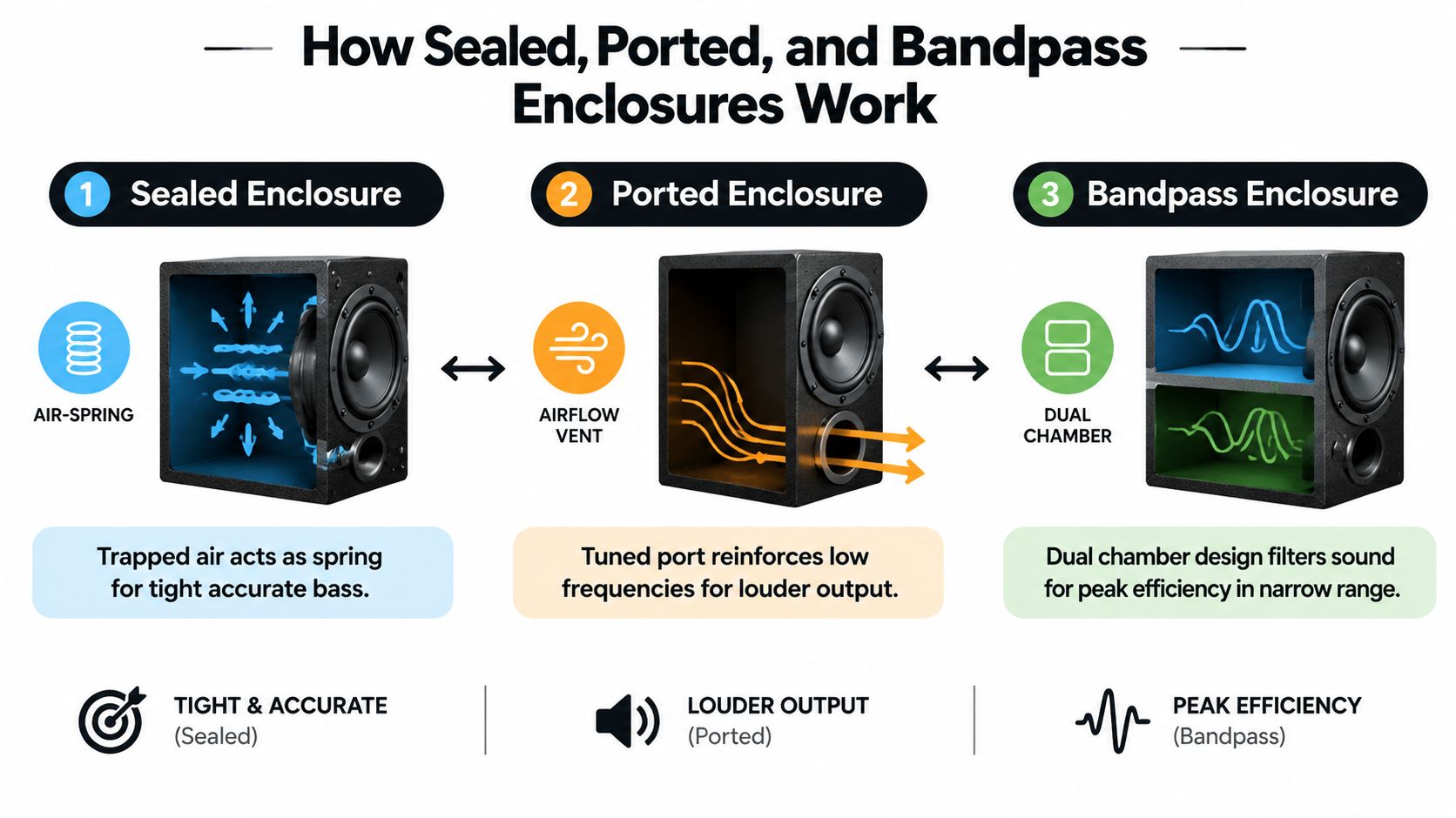 A diagram comparing the mechanisms of sealed, ported, and bandpass speaker subwoofer enclosure designs for audio output.