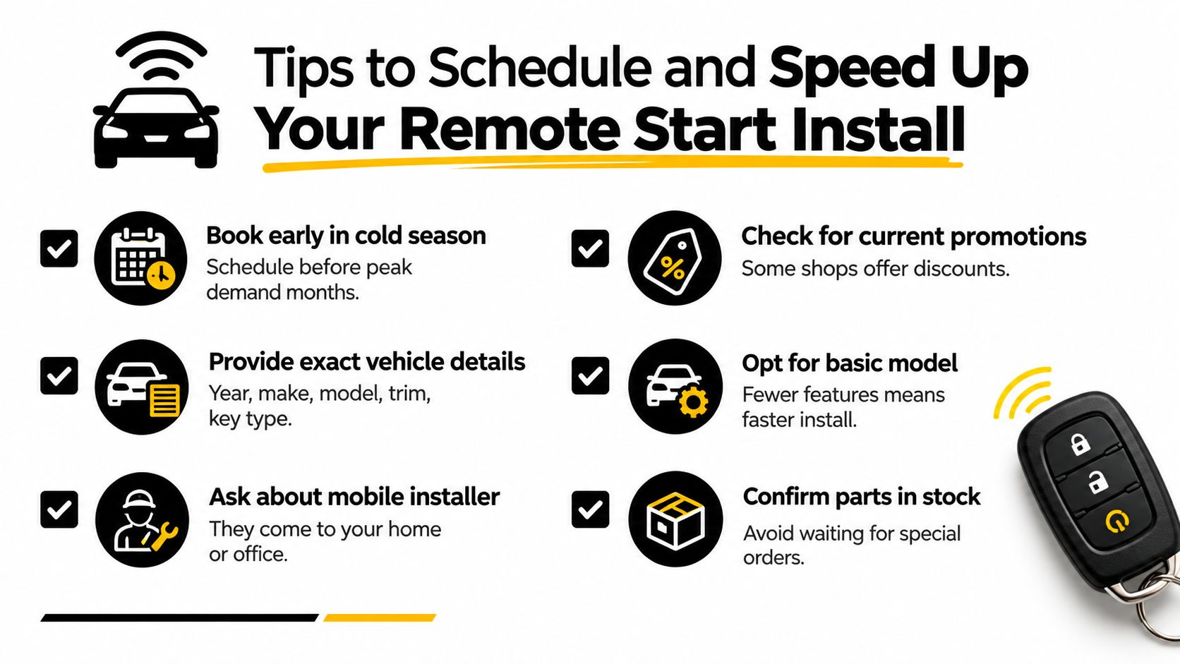 An infographic titled Tips to Schedule and Speed Up Your Remote Start Install featuring six helpful tips.
