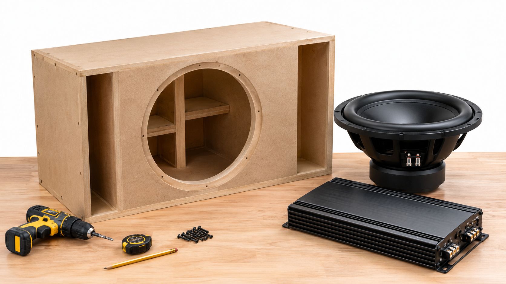 An unfinished MDF subwoofer box, a large speaker driver, an amplifier, and various tools on a wooden surface.