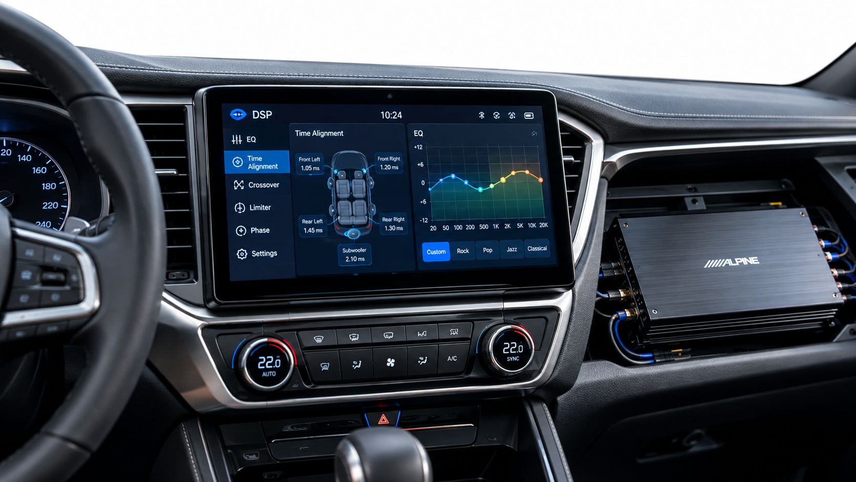 A modern car dashboard featuring an Alpine digital signal processor interface displayed on a large touchscreen infotainment screen.