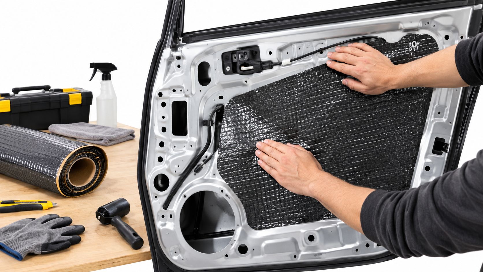 A professional technician carefully applying sound deadening material to the interior of a car door panel.