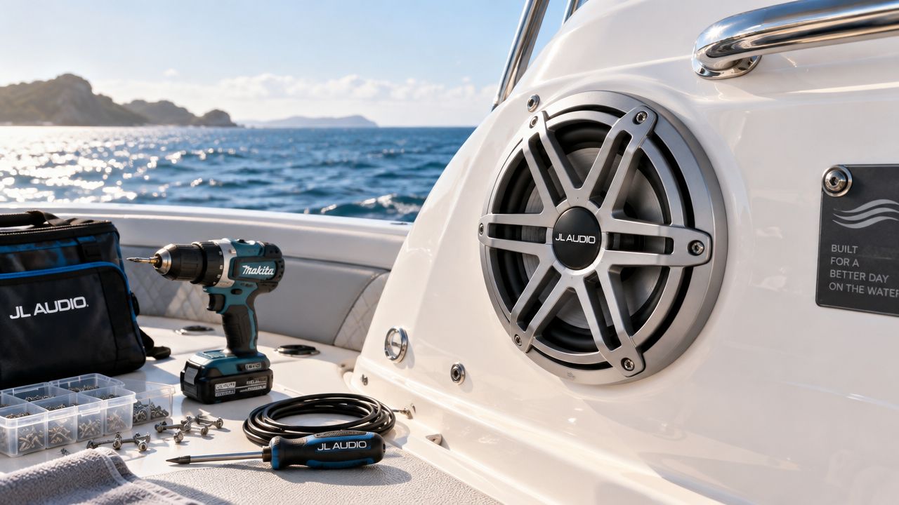 A Makita power drill and tools sitting on a boat deck next to a JL Audio speaker.