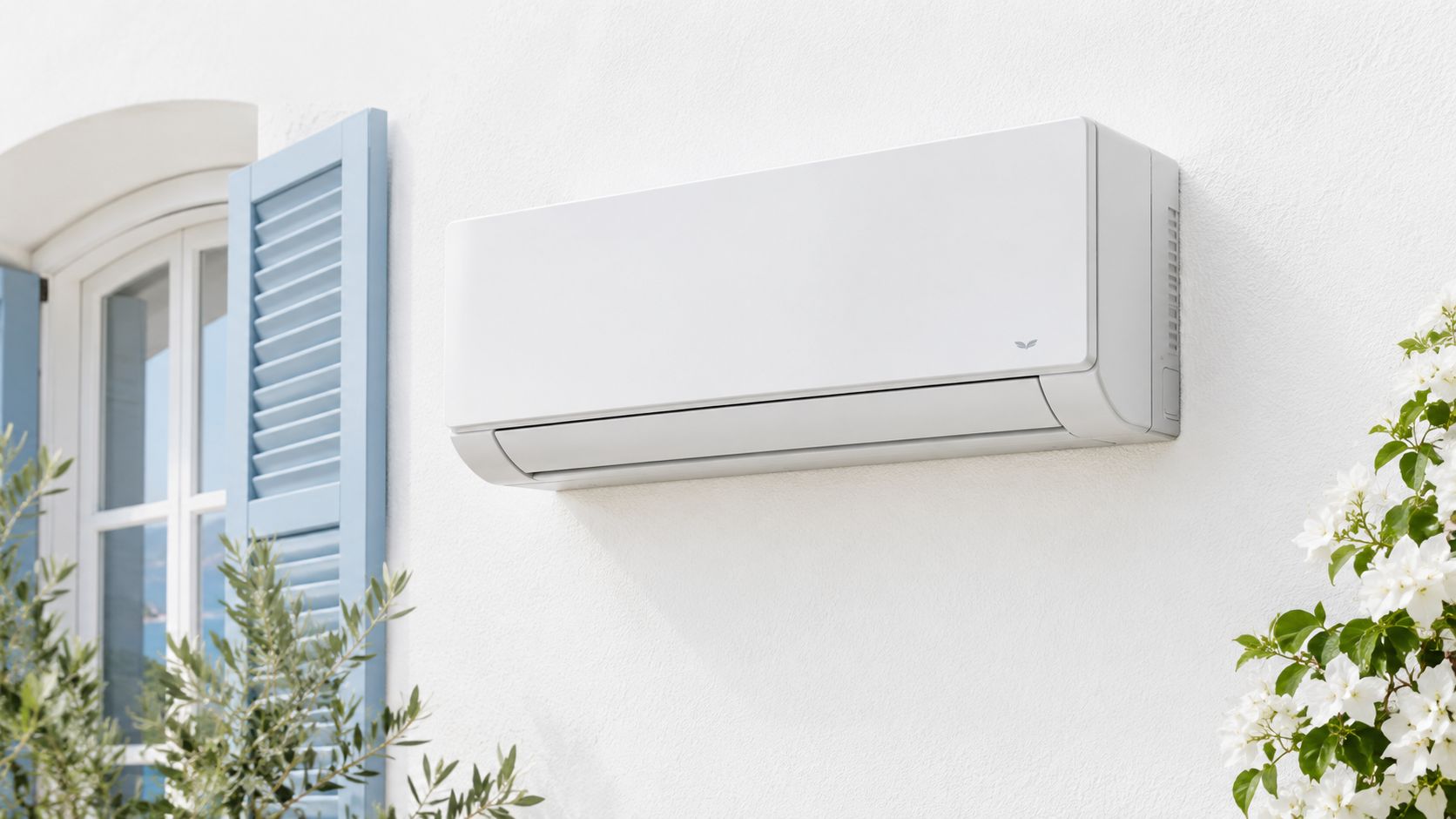 Un climatiseur mural blanc élégant installé sur un mur extérieur blanc près d'une fenêtre à volets bleus.