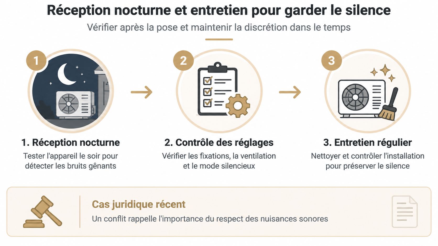 Illustration montrant les étapes pour maintenir le silence d'une climatisation réversible lors de l'installation et l'entretien.