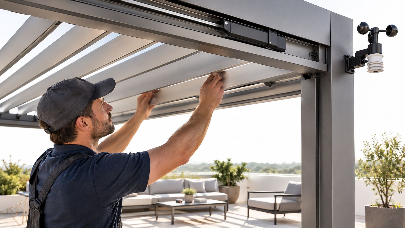 Un technicien qualifié effectue l'installation ou la maintenance des lames d'une pergola bioclimatique moderne sur une terrasse.