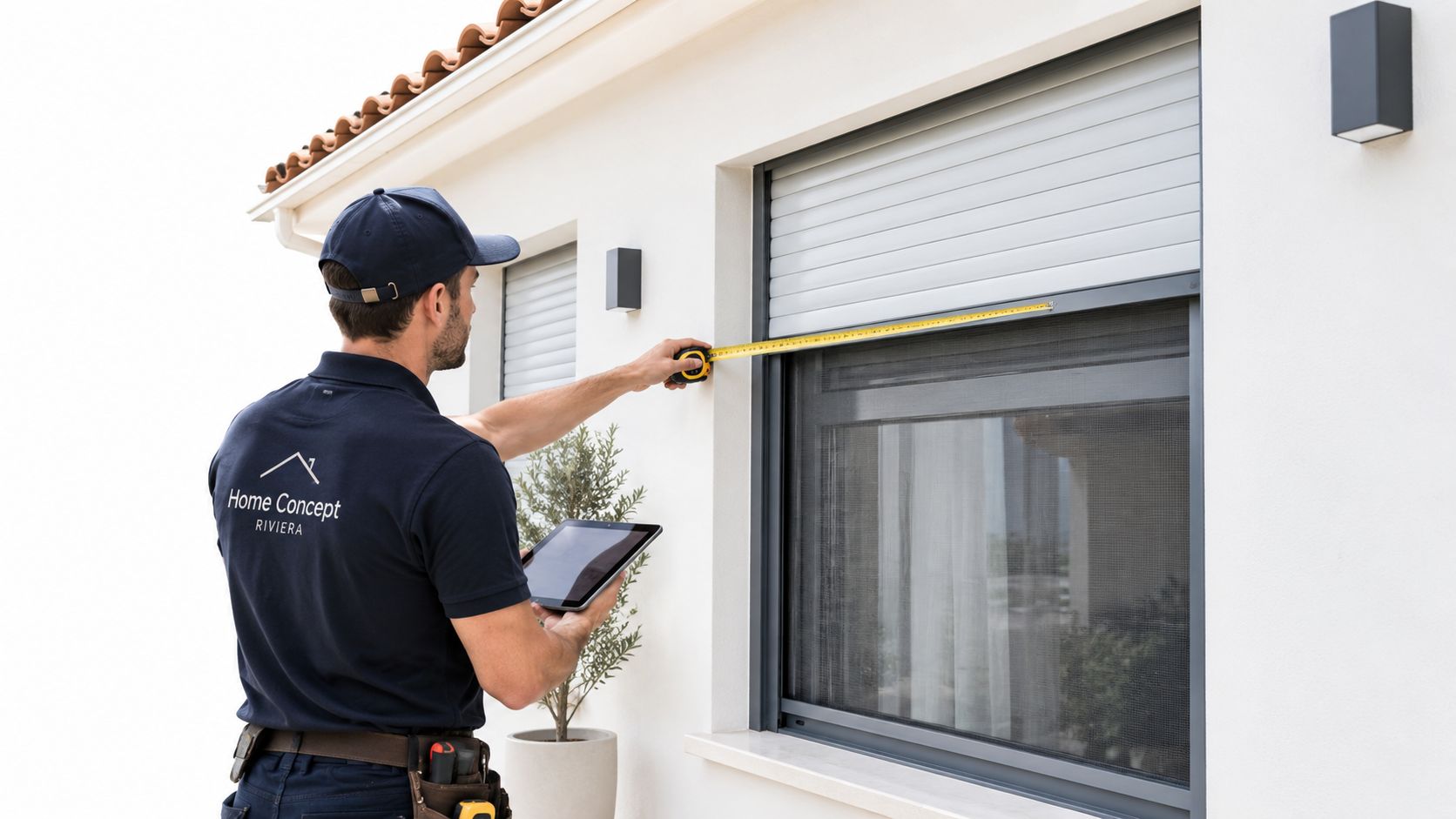 Un technicien Home Concept Riviera mesure une fenêtre équipée d'un volet roulant avec moustiquaire intégrée avec son mètre.