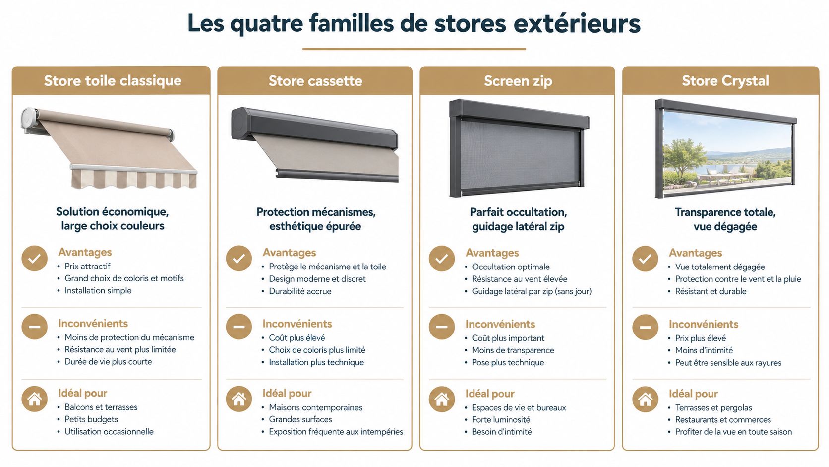 Tableau comparatif illustrant les quatre familles de stores extérieurs avec leurs avantages, inconvénients et usages recommandés.