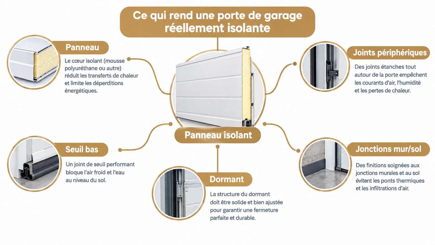 Schéma explicatif présentant les composants clés qui assurent une isolation efficace pour une porte de garage sectionnelle.