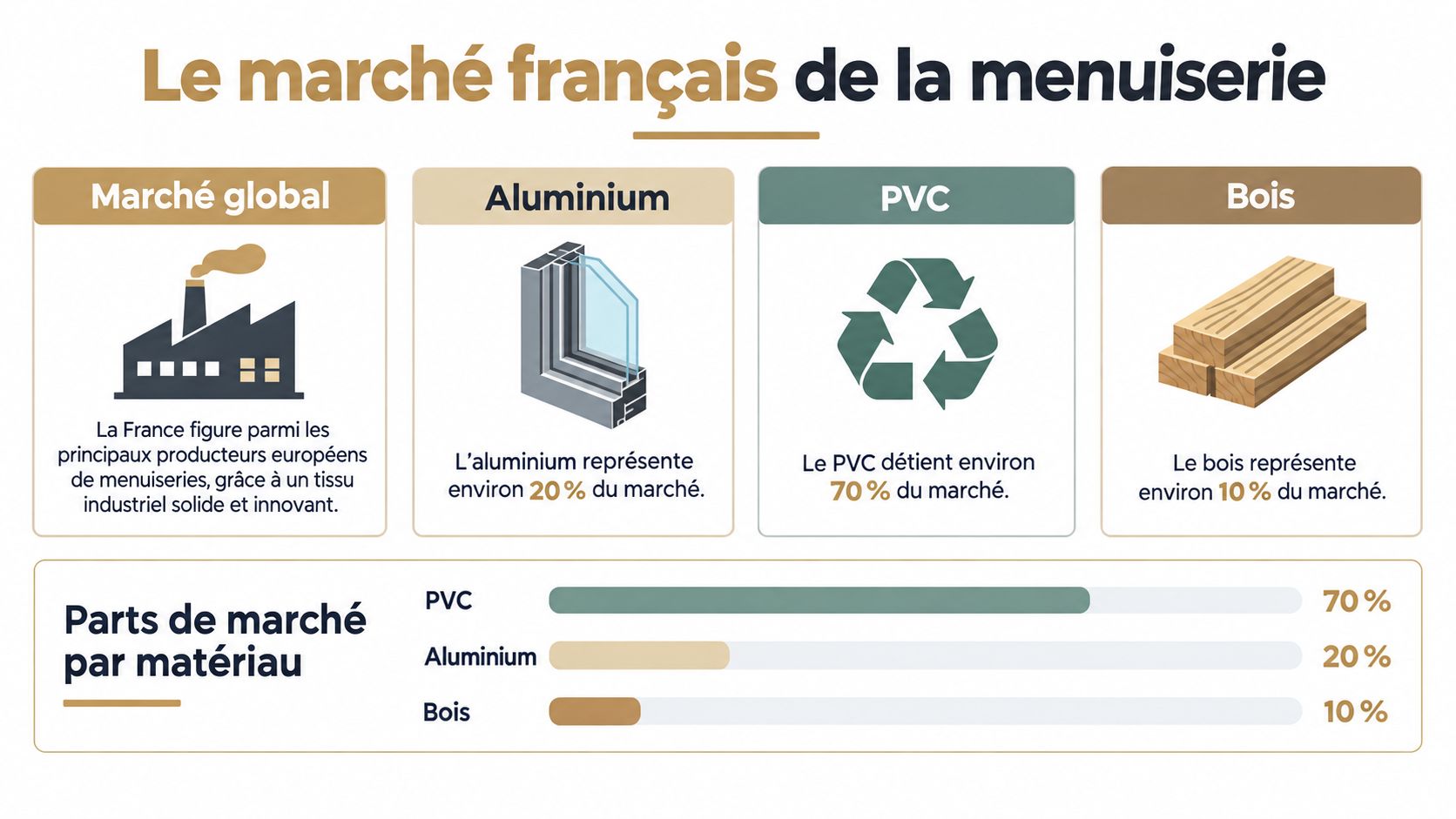 Infographie montrant la répartition du marché français de la menuiserie par matériaux, PVC, aluminium et bois.