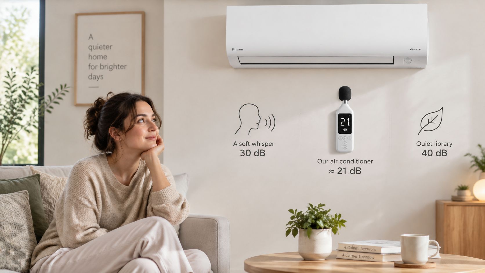 Une femme détendue assise sur un canapé sous un climatiseur Daikin silencieux affichant un faible niveau sonore.