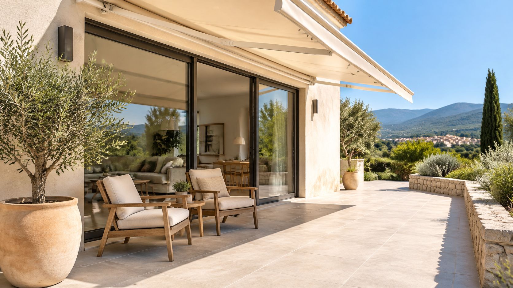 Une terrasse ensoleillée avec des chaises confortables et un store extérieur rétractable au-dessus d'une maison moderne.