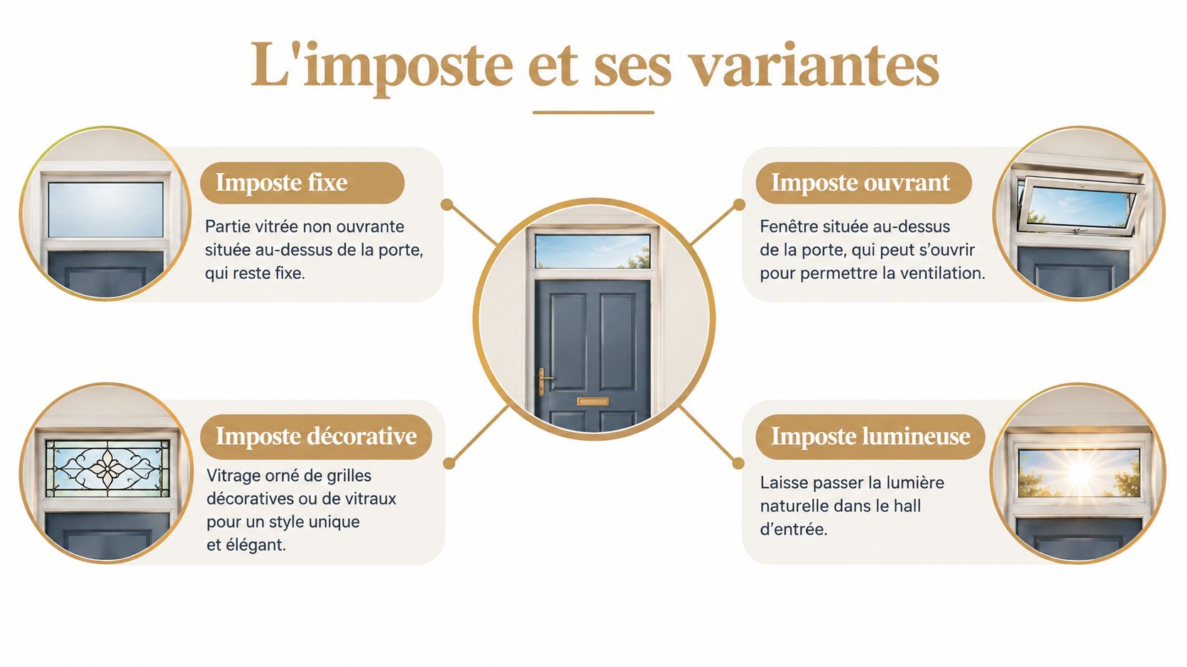 Infographie présentant les différents types d'impostes pour portes d'entrée, incluant les modèles fixes, ouvrants, décoratifs et lumineux.