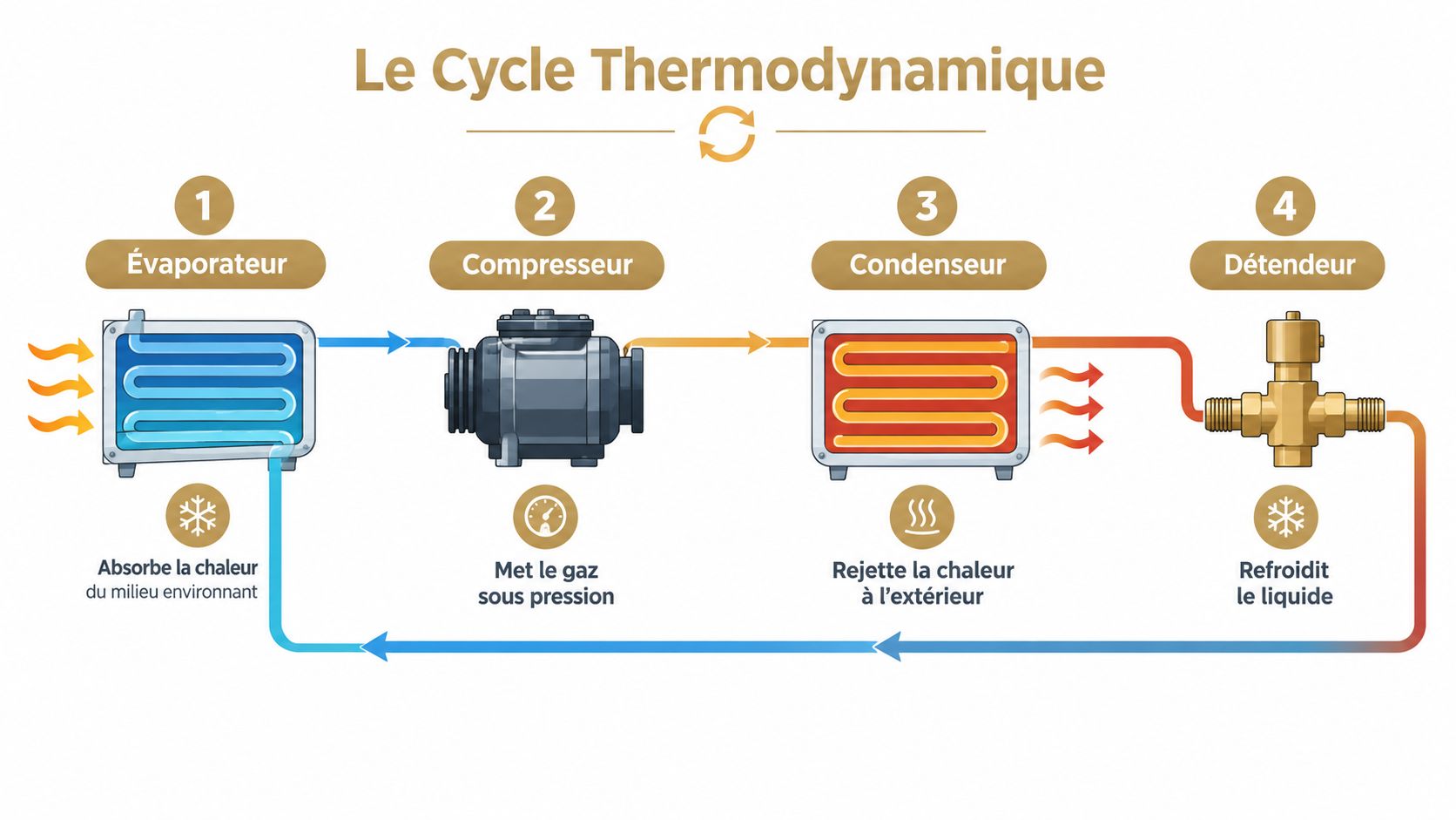 Schéma illustrant le fonctionnement d'un cycle thermodynamique pour une climatisation, avec évaporateur, compresseur, condenseur et détendeur.