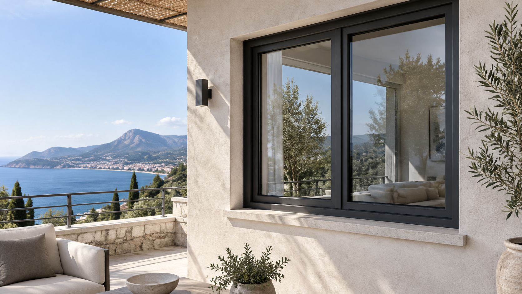 Une fenêtre en aluminium gris sur une terrasse avec vue panoramique sur la mer et montagne.