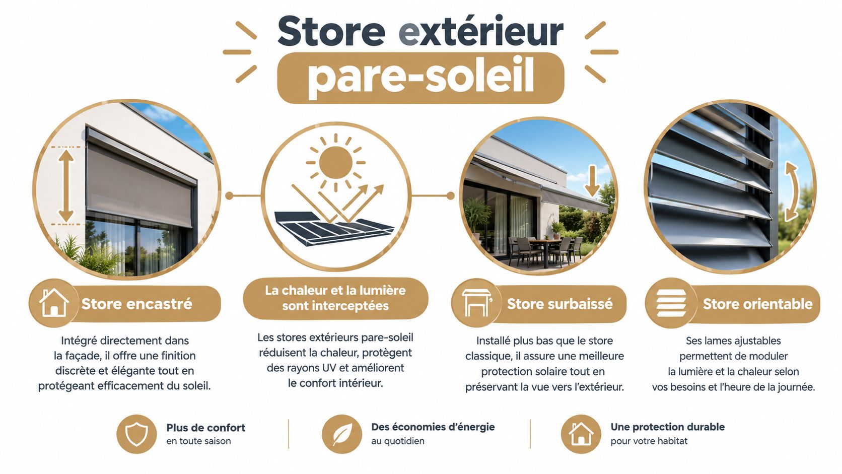Illustration montrant les avantages et les types de stores extérieurs pare-soleil pour protéger votre habitation.