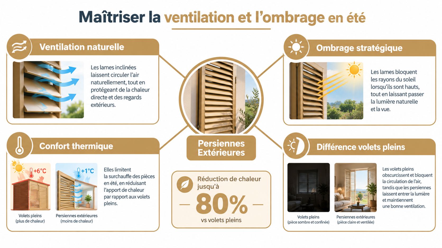 Infographie montrant les avantages des persiennes extérieures pour la ventilation naturelle, le confort thermique et l'ombrage stratégique.