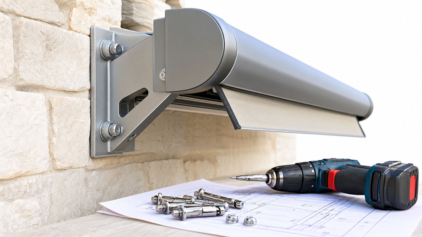 Installation professionnelle d'un store banne électrique 4m sur un mur en pierre avec outils et fixations
