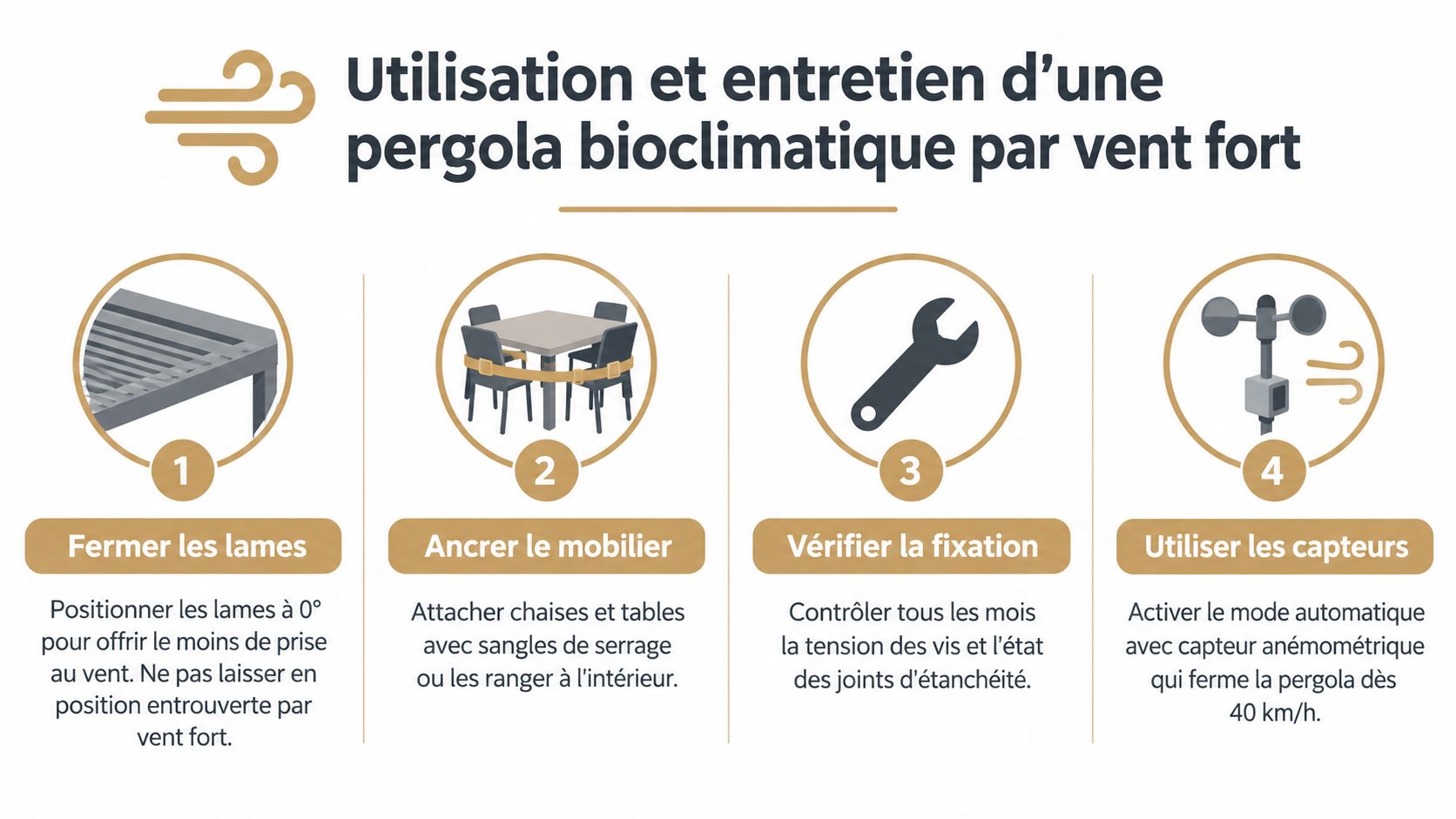 Infographie illustrant les conseils de sécurité pour protéger une pergola bioclimatique en cas de vent fort.