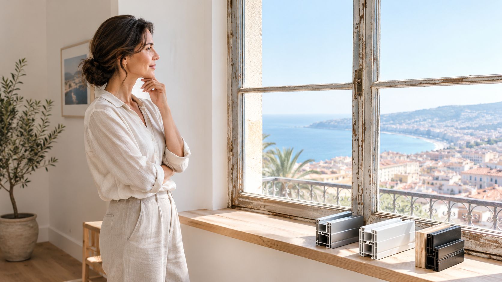 Une femme élégante regarde par la fenêtre une vue panoramique sur la mer et une ville côtière.