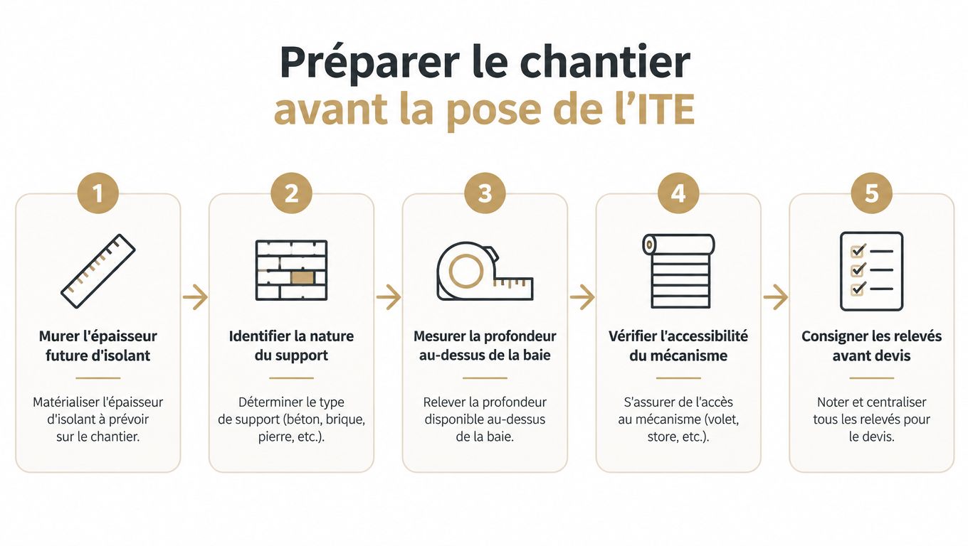 Infographie illustrant les cinq étapes clés pour préparer un chantier avant la pose d'une isolation thermique extérieure.