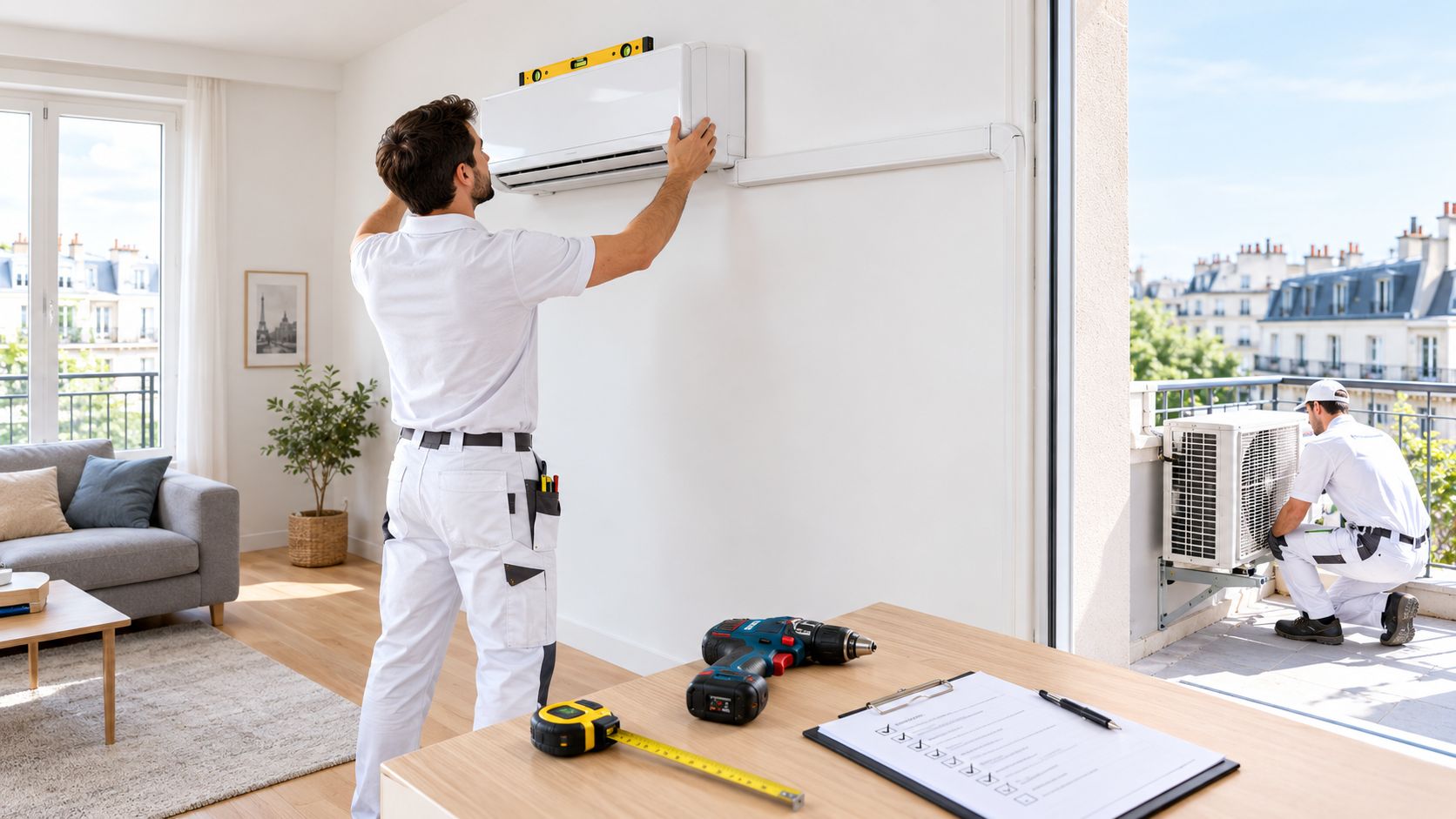 Des techniciens qualifiés installent une unité de climatisation réversible murale dans un appartement moderne et lumineux.