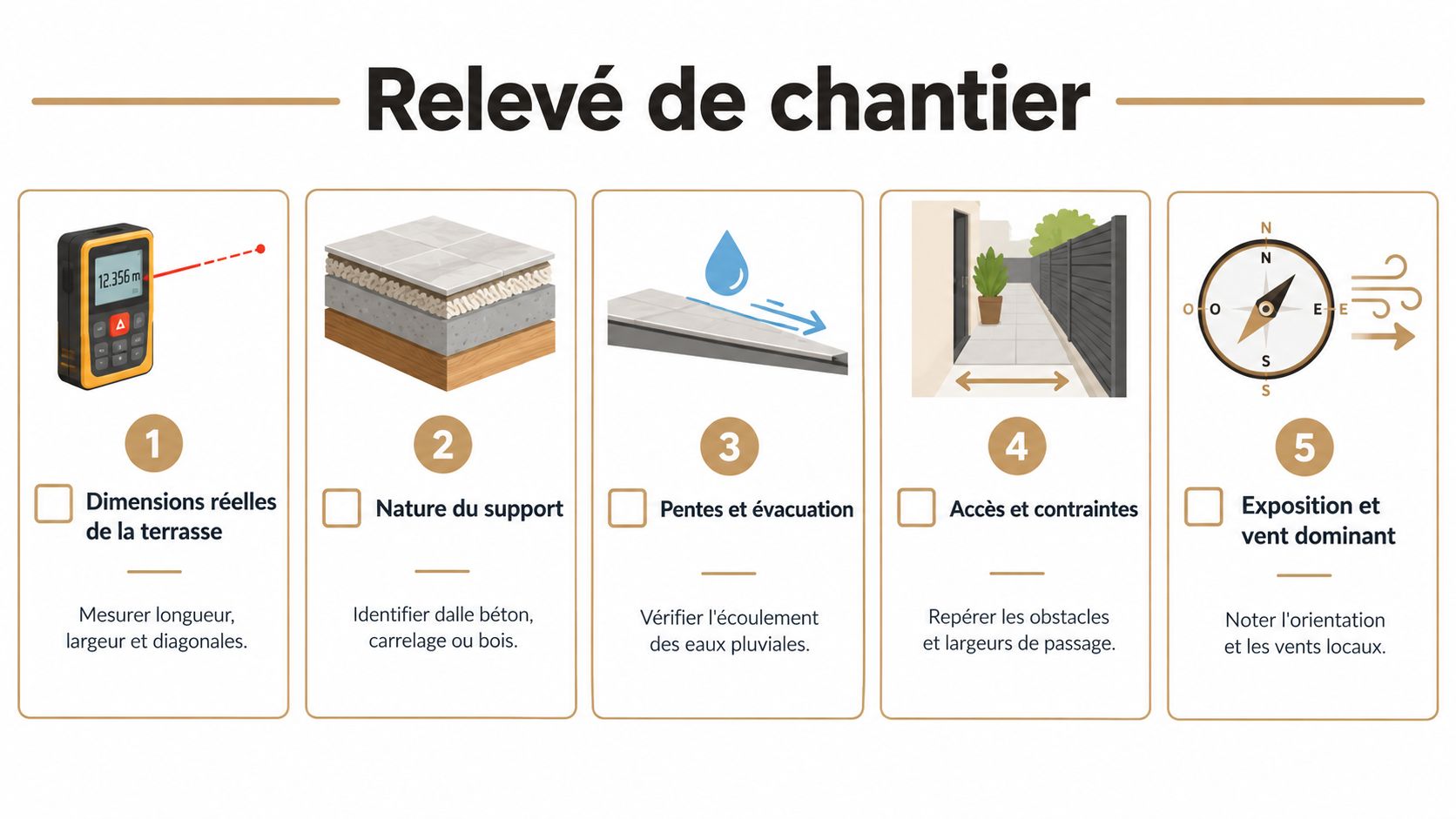 Une infographie montrant les cinq étapes essentielles pour réaliser un relevé technique avant une installation de terrasse.