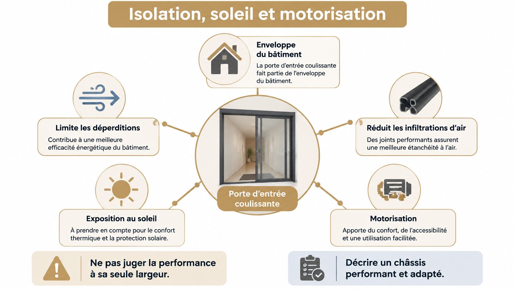 Schéma explicatif montrant les avantages d'une porte d'entrée coulissante en termes d'isolation, d'ensoleillement et de motorisation.