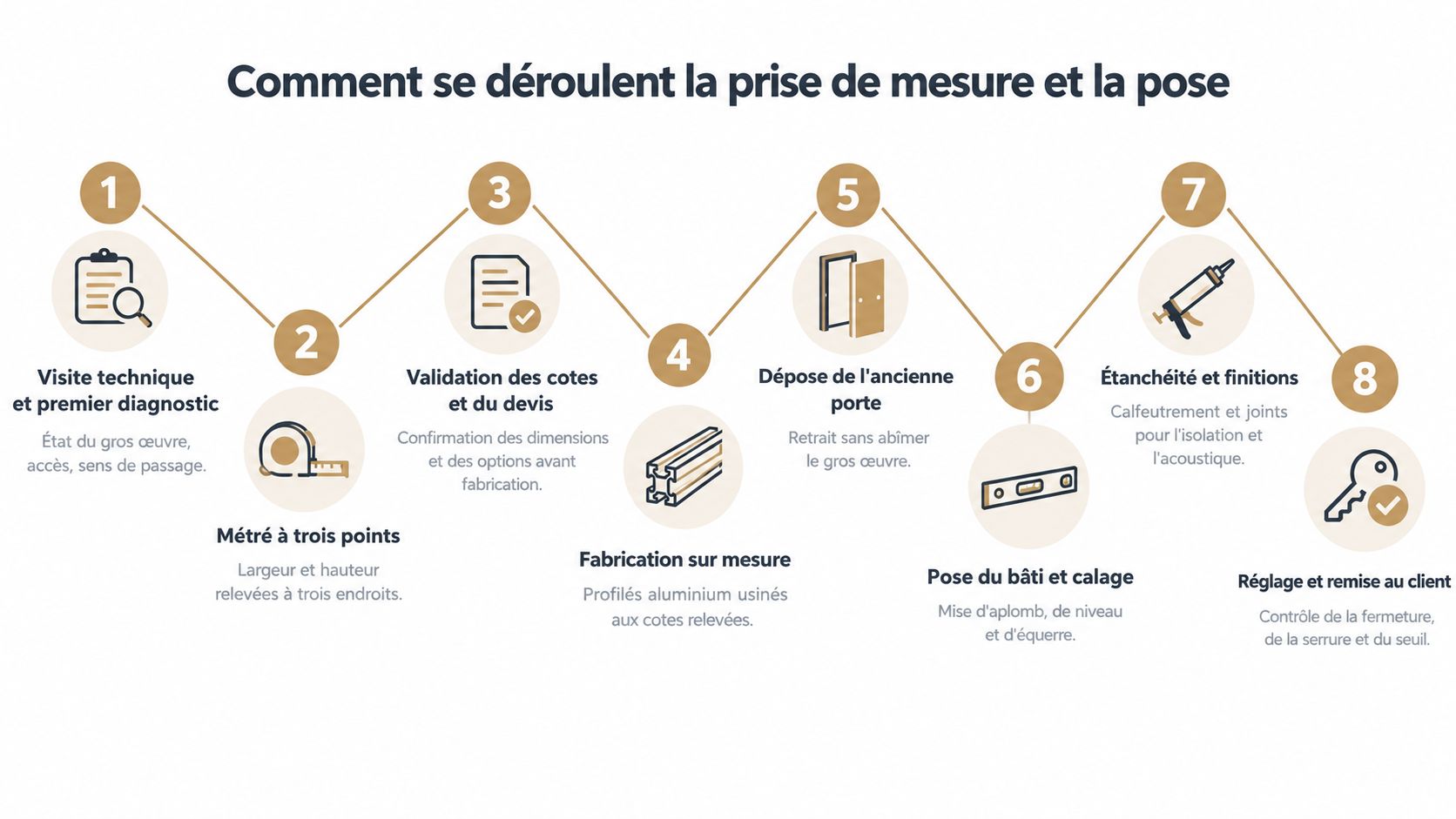 Infographie montrant les huit étapes clés pour la prise de mesure et la pose d'une porte d'entrée.