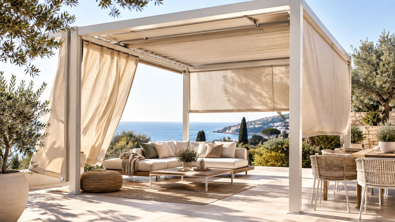 Une pergola bioclimatique luxueuse avec rideaux protégeant un salon de jardin confortable face à la mer.