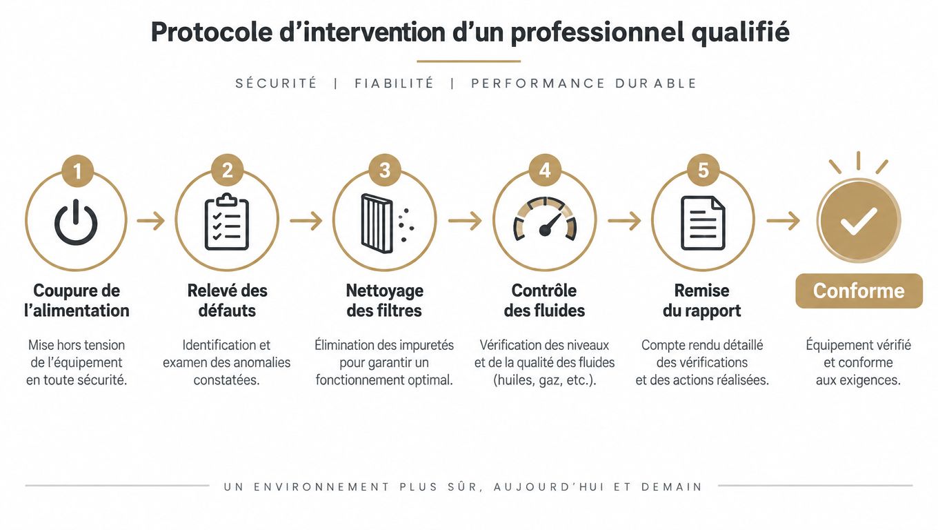Infographie illustrant les cinq étapes du protocole d'intervention technique pour l'entretien d'une pompe à chaleur